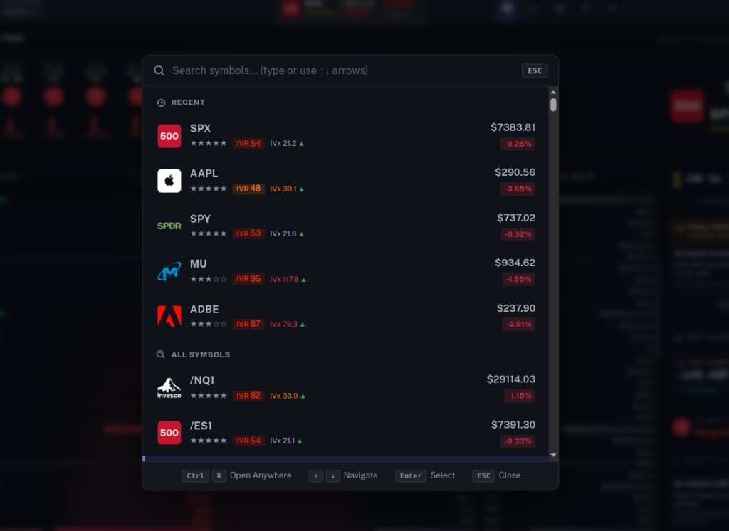 Spotlight Search (Ctrl+K) — recent tickers, IVR/IVx, price & keyboard navigation