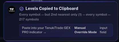 Copy Levels confirmation — scope summary & paste into GEX PRO Manual Override Mode